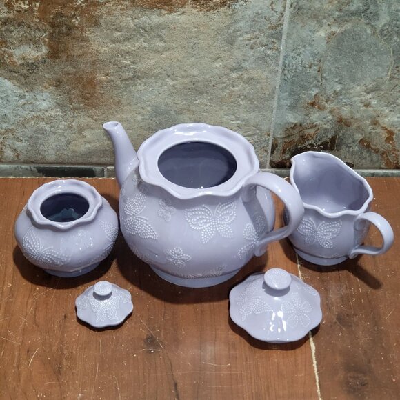 Temptations Lavendar Lilac Tea Set Teapot Sugar Bowl Creamer Embossed Butterfly - Picture 12 of 15